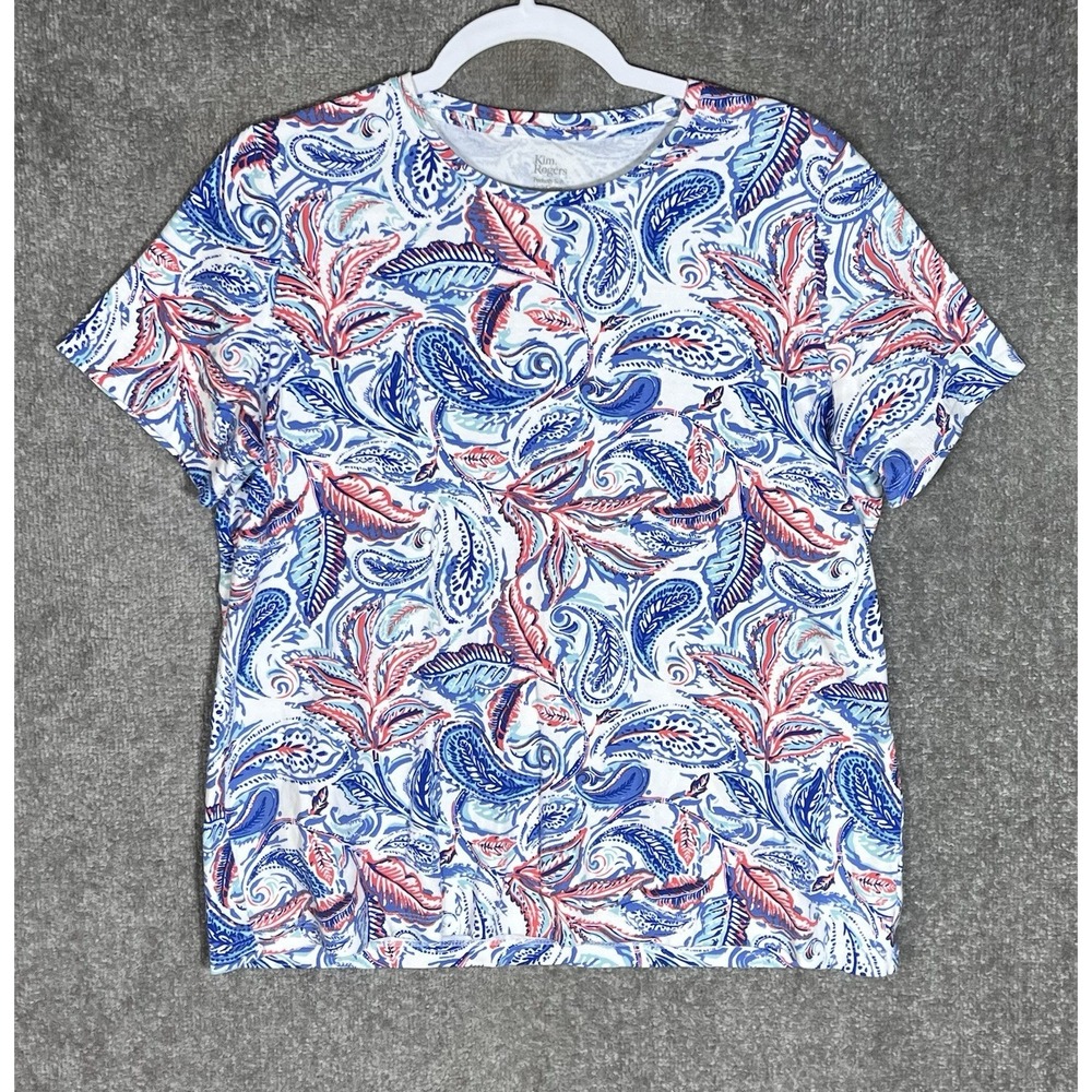 Kim Rogers Perfectly Soft Top Womens Sz Medium Blue Paisley Leaf Cotton Coastal